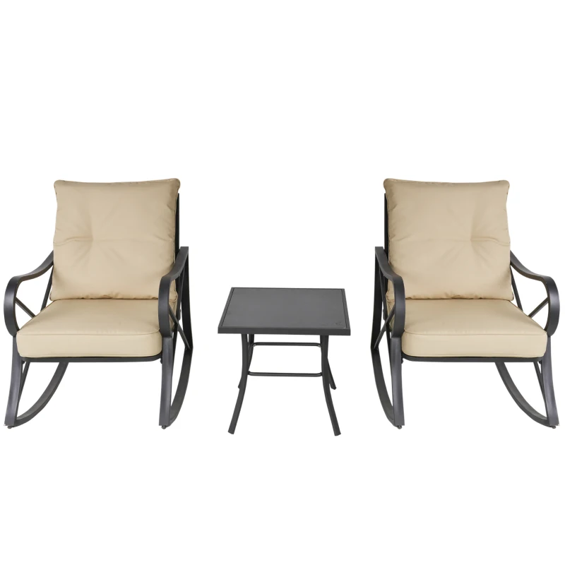 Outsunny Ensemble de Jardin 3 pièces 2 fauteuils à Bascule Table Basse Acier époxy Noir Coussins Polyester Beige
