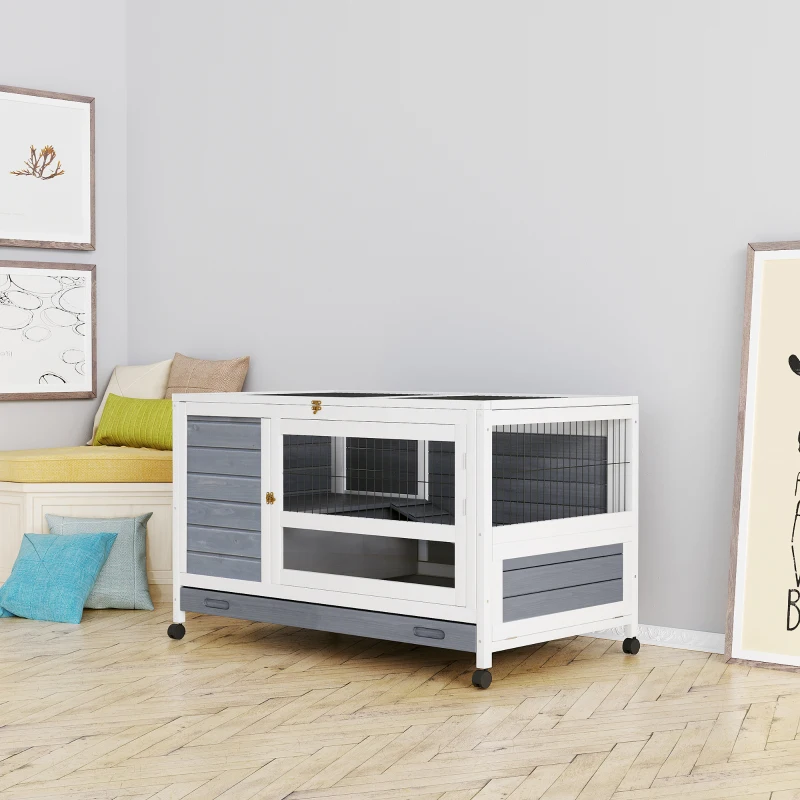 konijnenhok op wielen konijnenhok met twee verdiepingen massief hout grijs + wit
