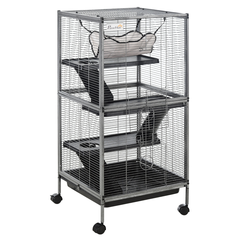 PawHut knaagdierenkooi, kooi op wielen voor kleine huisdieren, konijnenhok met 3 verdiepingen en 2 deuren, metaal, staal, 52 x 52 x 113,5 cm knaagdierenkooi kooi voor kleine huisdieren deuren met wielen metaal | Aosom.nl