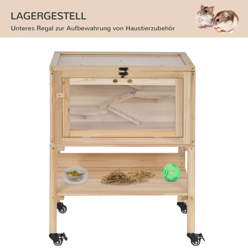 PawHut Hamsterkooi van hout kooi voor kleine huisdieren op wielen kooi muizenkooi plexiglas naturel