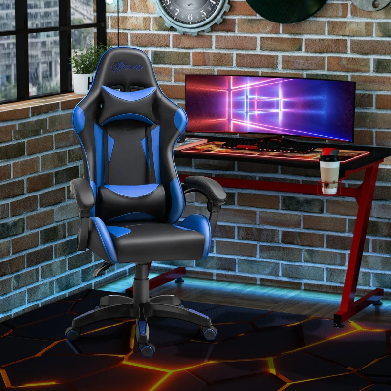 Vinsetto Silla Gaming Profesional Silla de Escritorio Ergonómica Reclinable y Ajustable en Altura con Respaldo Alto Reposacabezas y Reposabrazos 66x66x128-138 cm Azul