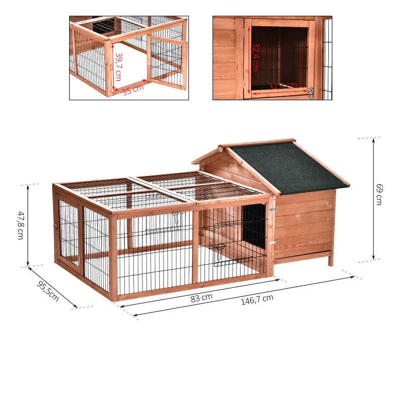 PawHut Klatka dla królika z asfaltowym dachem, klatka dla królików z wybiegiem, lite drewno, naturalny, 146,7 x 95,5 x 69 cm