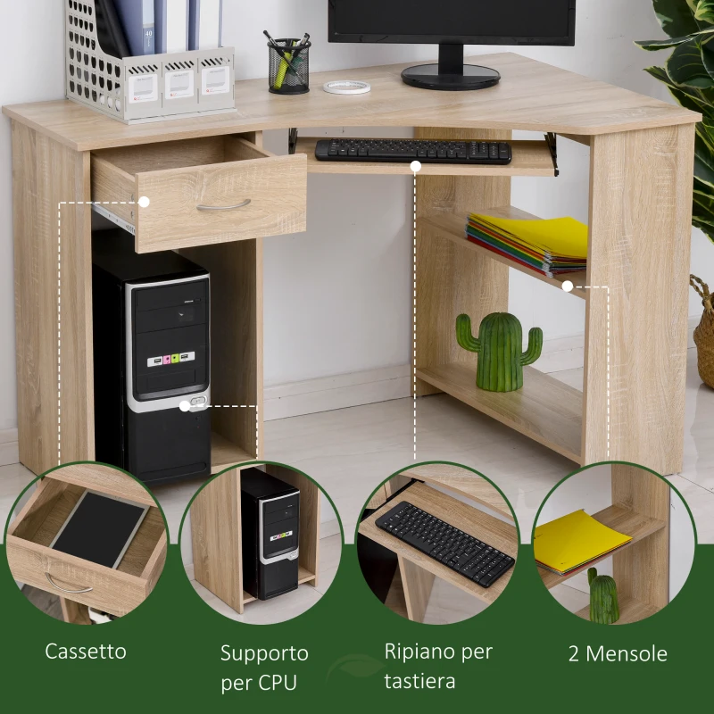 HOMCOM Scrivania ad Angolo per Computer e PC con Ripiano Tastiera, Cassetto e Ripiani, per Cameretta o Ufficio, in Legno