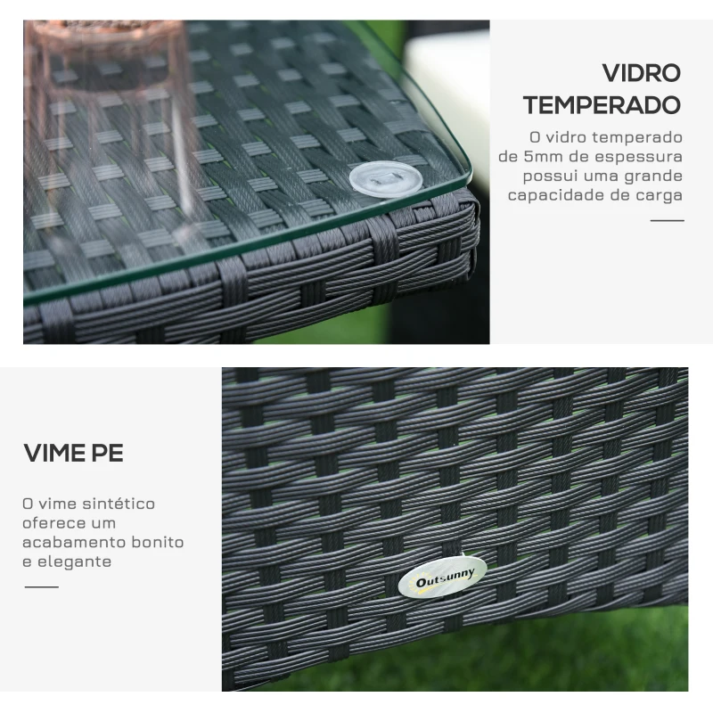 Outsunny Conjunto de móveis de vime ao ar livre 1 mesa 2 Cadeiras Estrutura Metálica Preta