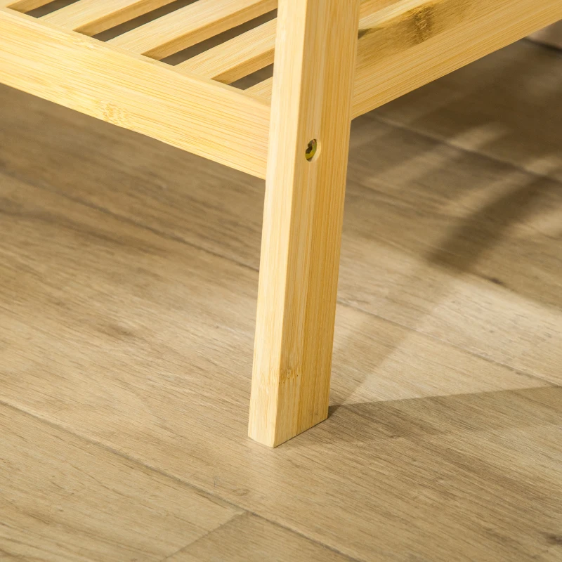 Suport pentru Umerase HOMCOM cu 2 Rafturi si 4 Carlige Laterale, Structura din bambus, 100L x 42l x 155lcm, Culoarea Lemnului