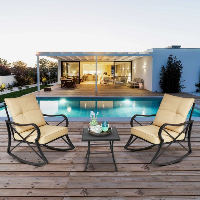 Outsunny Ensemble de Jardin 3 pièces 2 fauteuils à Bascule Table Basse Acier époxy Noir Coussins Polyester Beige