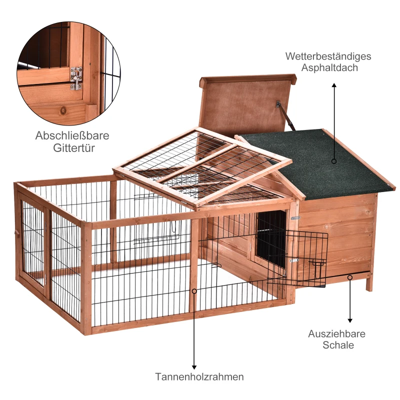 PawHut Klatka dla królika z asfaltowym dachem, klatka dla królików z wybiegiem, lite drewno, naturalny, 146,7 x 95,5 x 69 cm