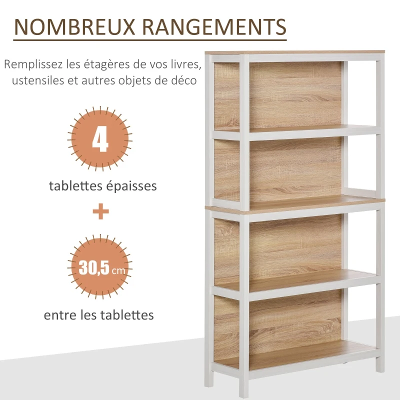 HOMCOM Bibliothèque meuble de rangement 4 étagères dim. 80L x 30l x 151H cm MDF chêne clair blanc