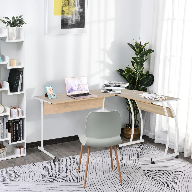 HOMCOM Bureau Informatique multimédia Bureau d'angle Design Contemporain métal Blanc Imitation Bois chêne Clair