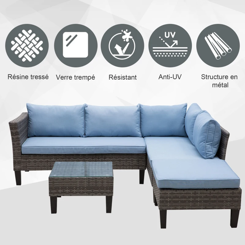 Outsunny Ensemble salon de jardin d'angle résine tressée 4 pièces 2 canapés 2 places + repose-pieds + table basse plateau verre trempé coussins lavables fournis métal 140 x 70 x 66 cm gris et bleu