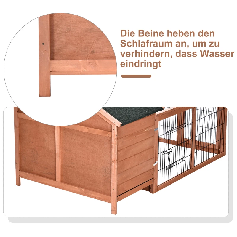 PawHut Klatka dla królika z asfaltowym dachem, klatka dla królików z wybiegiem, lite drewno, naturalny, 146,7 x 95,5 x 69 cm