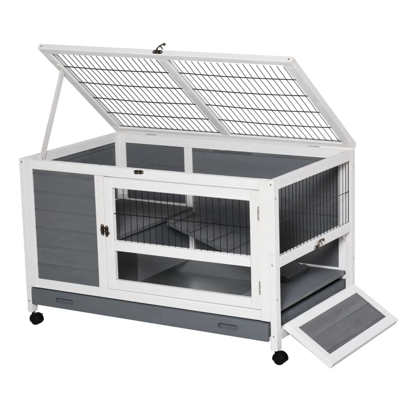 konijnenhok op wielen konijnenhok met twee verdiepingen massief hout grijs + wit
