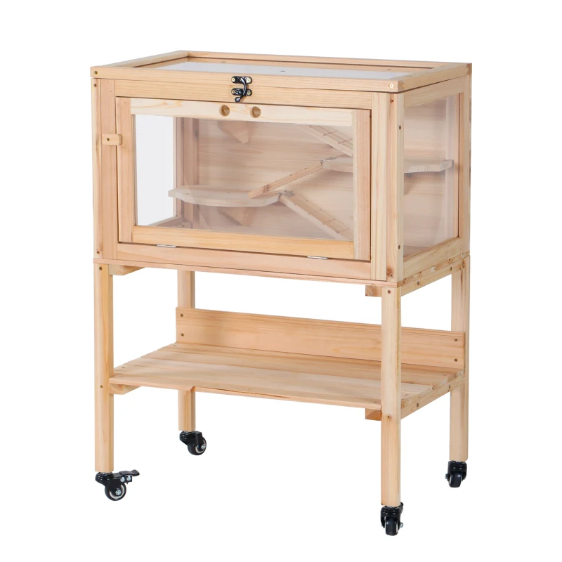 PawHut Hamsterkooi van hout kooi voor kleine huisdieren op wielen kooi muizenkooi plexiglas naturel