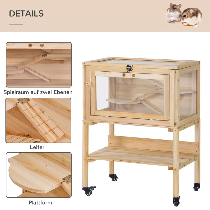PawHut Hamsterkooi van hout kooi voor kleine huisdieren op wielen kooi muizenkooi plexiglas naturel