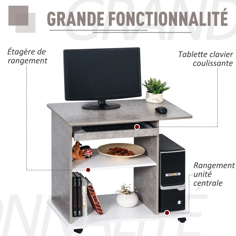 HOMCOM Bureau Informatique à roulettes avec Support Clavier dim. 80L x 50l x 76H cm MDF Gris Blanc
