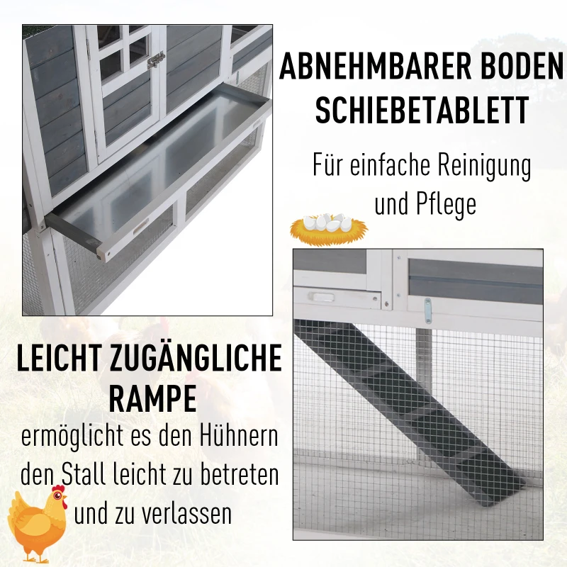PawHut kippenhok kippenhuis met legnest plantenbak grijs hout metaaldraad asfalt