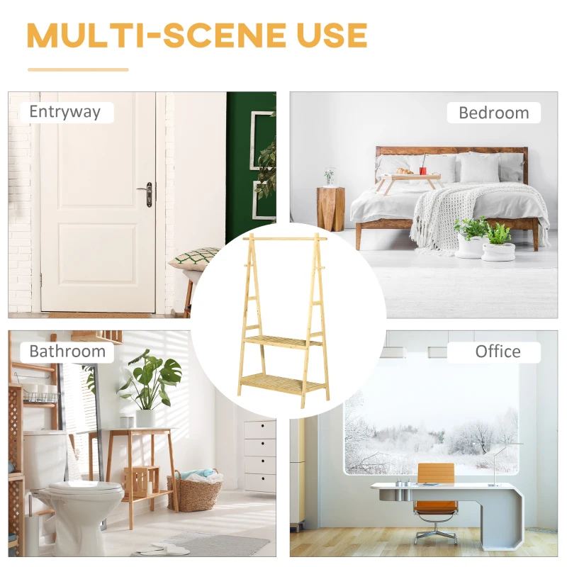 Suport pentru Umerase HOMCOM cu 2 Rafturi si 4 Carlige Laterale, Structura din bambus, 100L x 42l x 155lcm, Culoarea Lemnului