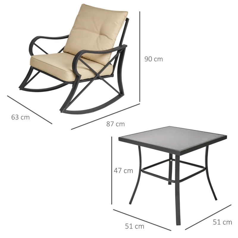 Outsunny Ensemble de Jardin 3 pièces 2 fauteuils à Bascule Table Basse Acier époxy Noir Coussins Polyester Beige