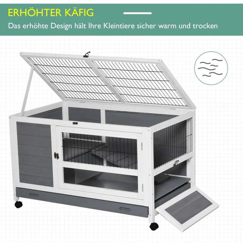 Klatka dla królika na kółkach Dwupoziomowa klatka dla królika lite drewno szary + biały