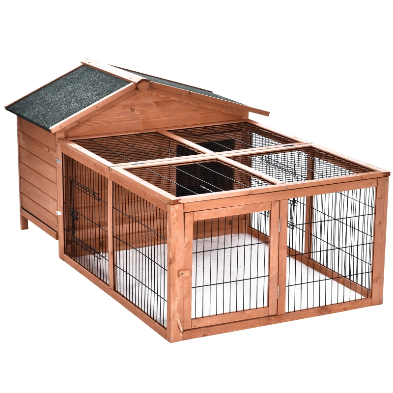PawHut Klatka dla królika z asfaltowym dachem, klatka dla królików z wybiegiem, lite drewno, naturalny, 146,7 x 95,5 x 69 cm