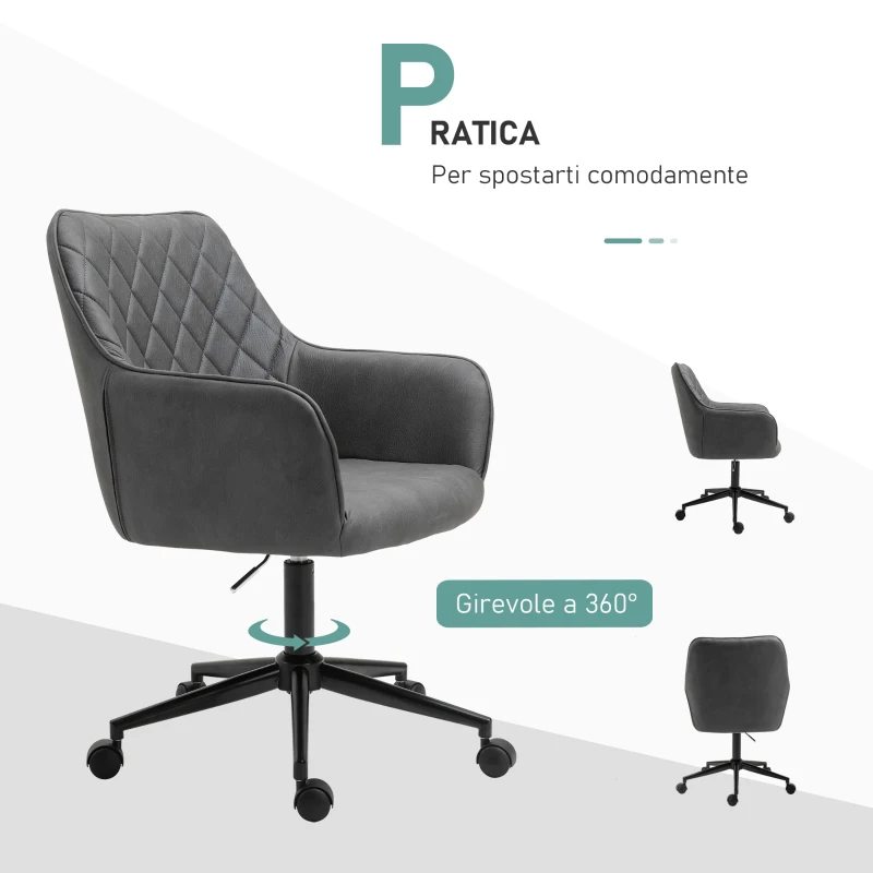 Vinsetto Sedia da Ufficio Ergonomica Poltroncia Girevole in Similpelle con Braccioli e Ruote, Altezza Regolabile, Grigio