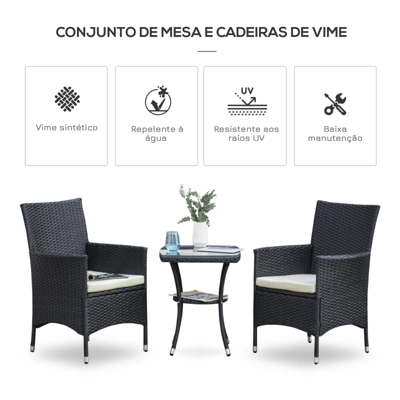 Outsunny Conjunto de móveis de vime ao ar livre 1 mesa 2 Cadeiras Estrutura Metálica Preta