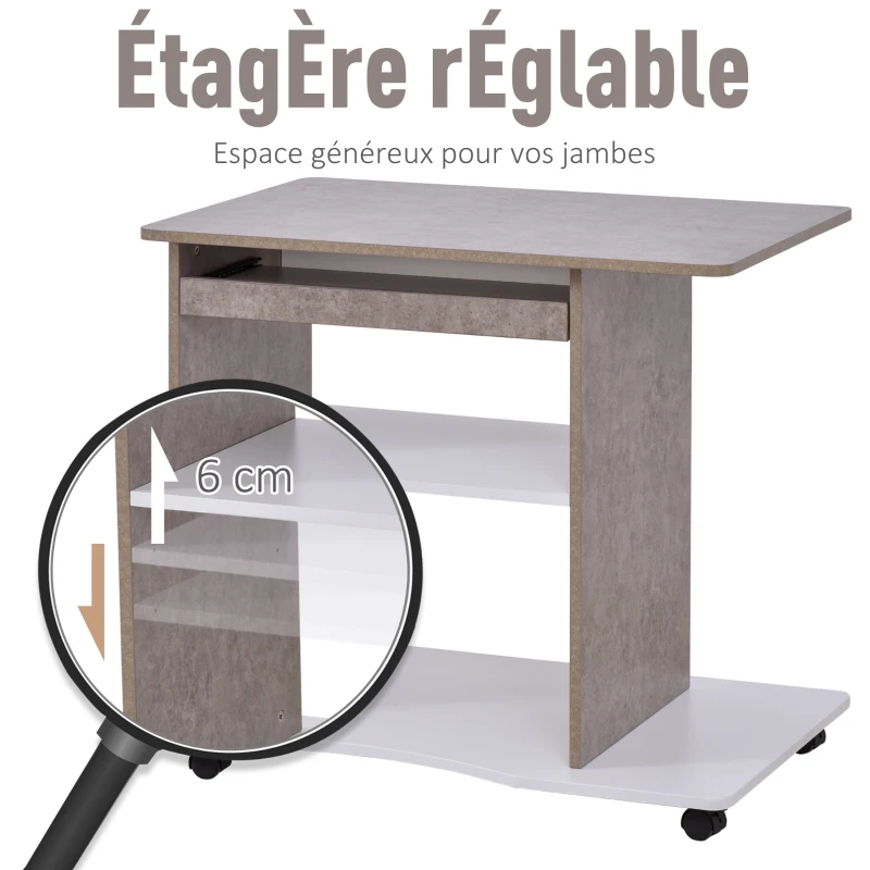 HOMCOM Bureau Informatique à roulettes avec Support Clavier dim. 80L x 50l x 76H cm MDF Gris Blanc