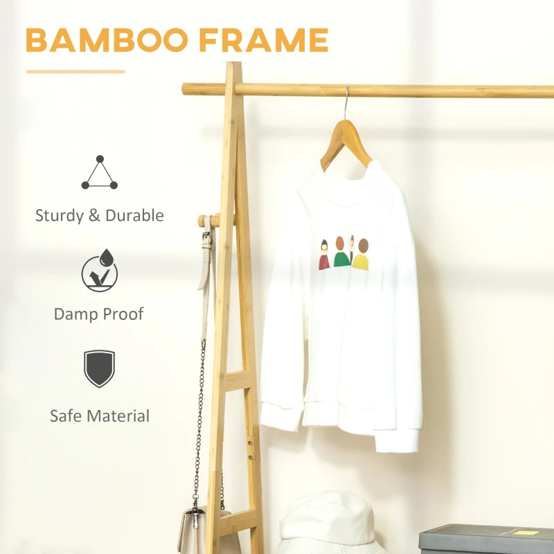 Suport pentru Umerase HOMCOM cu 2 Rafturi si 4 Carlige Laterale, Structura din bambus, 100L x 42l x 155lcm, Culoarea Lemnului