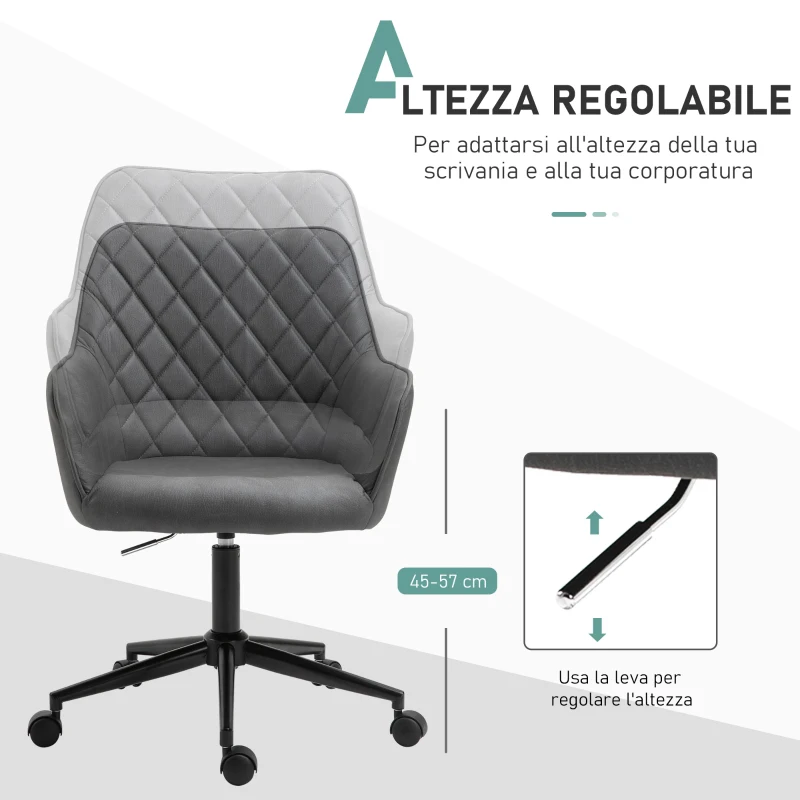 Vinsetto Sedia da Ufficio Ergonomica Poltroncia Girevole in Similpelle con Braccioli e Ruote, Altezza Regolabile, Grigio