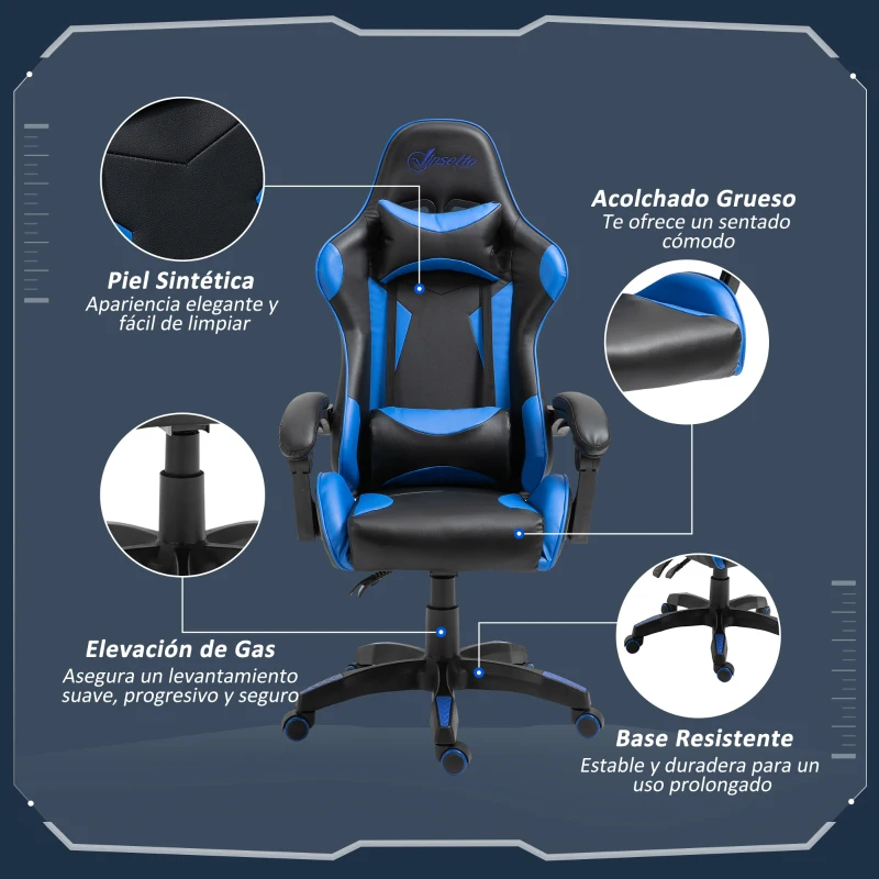 Vinsetto Silla Gaming Profesional Silla de Escritorio Ergonómica Reclinable y Ajustable en Altura con Respaldo Alto Reposacabezas y Reposabrazos 66x66x128-138 cm Azul