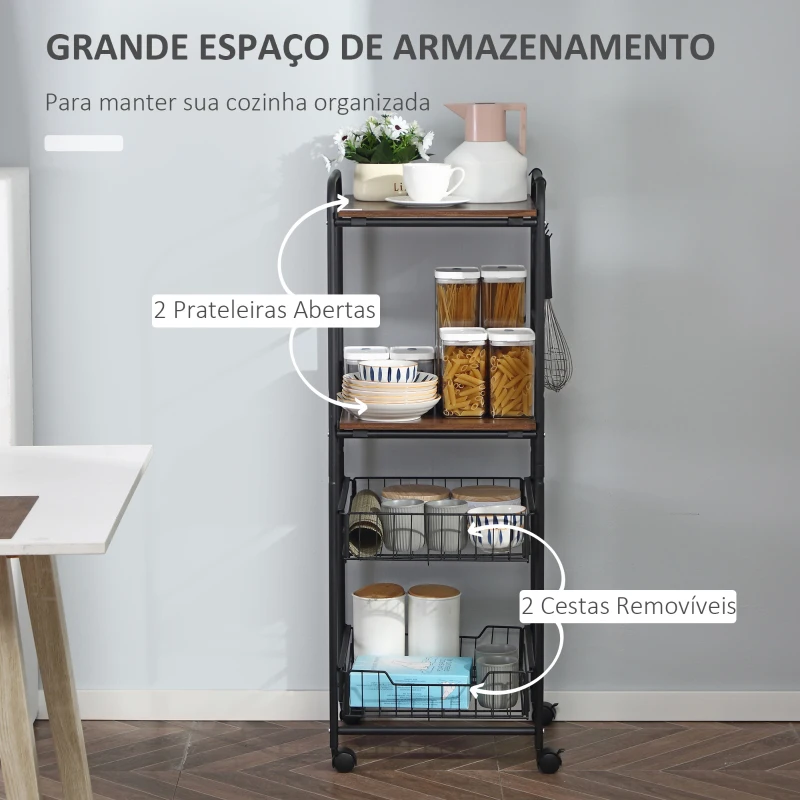 HOMCOM Carro de Cozinha com Rodas Carrinho Auxiliar de Armazenamento com 2 Prateleiras 2 Cestas Removíveis 4 Ganchos 40x38x111cm Nogueira e Preto