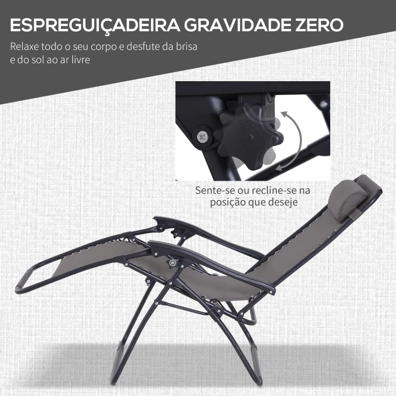 Outsunny Conjunto de 1 Mesa e 2 Espreguiçadeiras Conjunto de Exterior Dobrável e Portátil para Jardim Praia Relaxante com Encosto Reclinável Textilene Aço Cinza