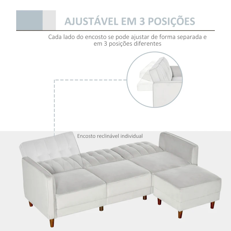 HOMCOM Sofá Cama com Chaise Longue de 3 Lugares Tato Aveludado com Encosto Ajustável e Apoio para os Pés Móvel 218x85x86cm Cinza Claro
