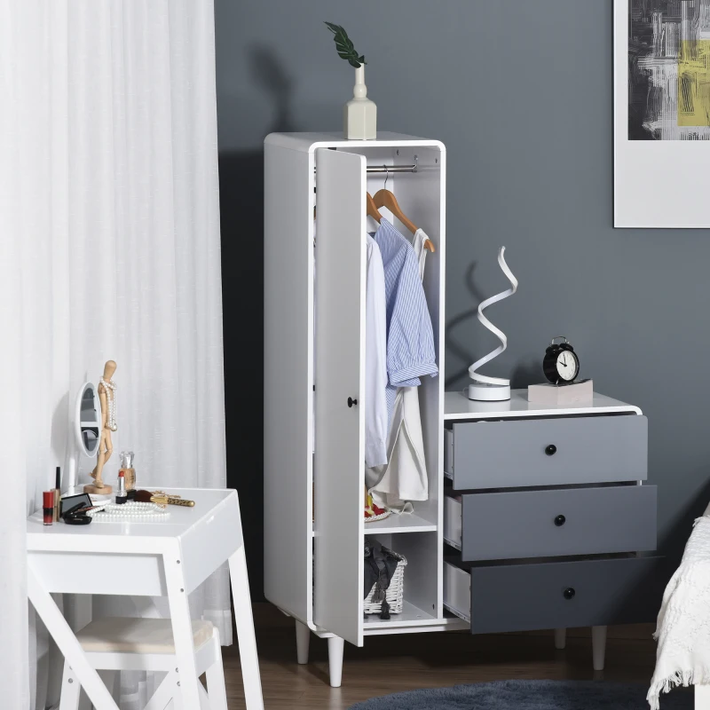 HOMCOM Kledingkast met nachtkastje 2-in-1 kast met stang schuiflade MDF hout wit