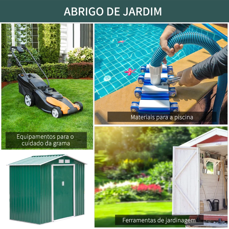 Outsunny Abrigo de Jardim 213x130x185cm Abrigo de Jardim Metálico de Exterior com 2 Portas Deslizantes e 4 Janelas Verde