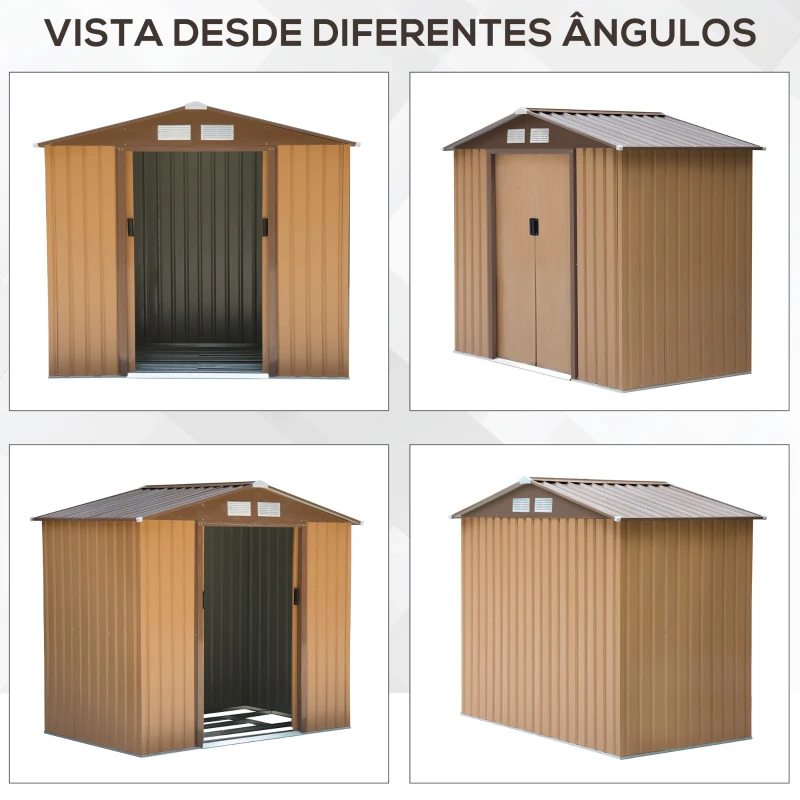 Outsunny Abrigo de Jardim 213x130x185cm Abrigo de Jardim Metálico de Exterior com 2 Portas Deslizantes e 4 Janelas Marrom Claro