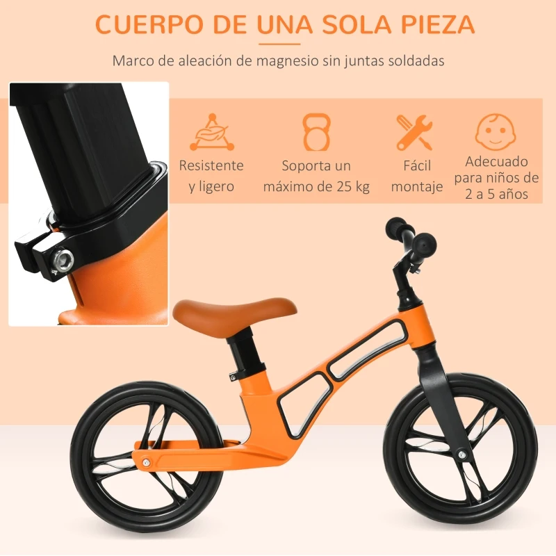 HOMCOM Bicicleta sin Pedales para Niños de 2-5 Años Bicicleta de Equilibrio Infantil con Sillín Ajustable de 39-34 cm y Manillar Regulable Ruedas de Goma Ligero 86x41x49-56 cm Naranja