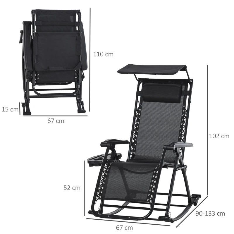 Outsunny Espreguiçadeira de balanço de jardim dobrável reclinável com toldo de proteção solar Estrutura de aço 120x67x102 cm Preto