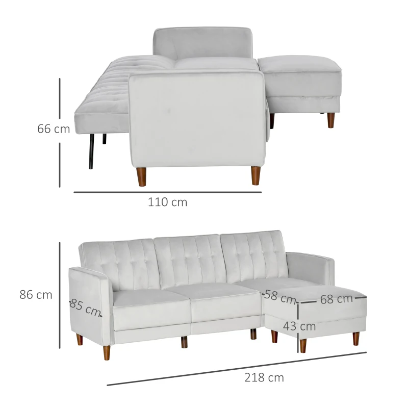 HOMCOM Sofá Cama com Chaise Longue de 3 Lugares Tato Aveludado com Encosto Ajustável e Apoio para os Pés Móvel 218x85x86cm Cinza Claro