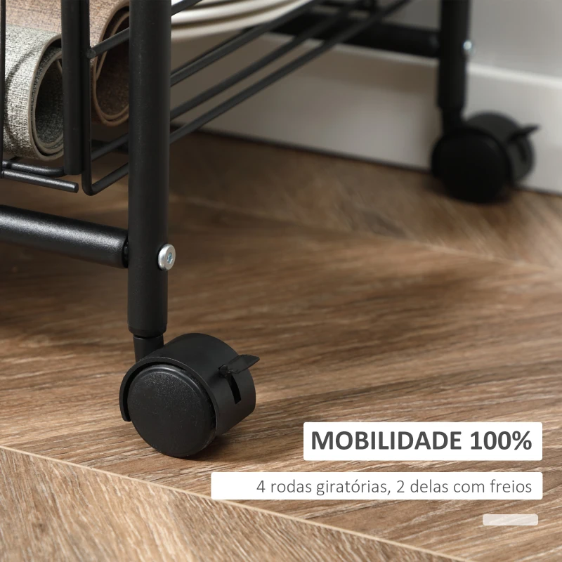 HOMCOM Carro de Cozinha com Rodas Carrinho Auxiliar de Armazenamento com 2 Prateleiras 2 Cestas Removíveis 4 Ganchos 40x38x111cm Nogueira e Preto
