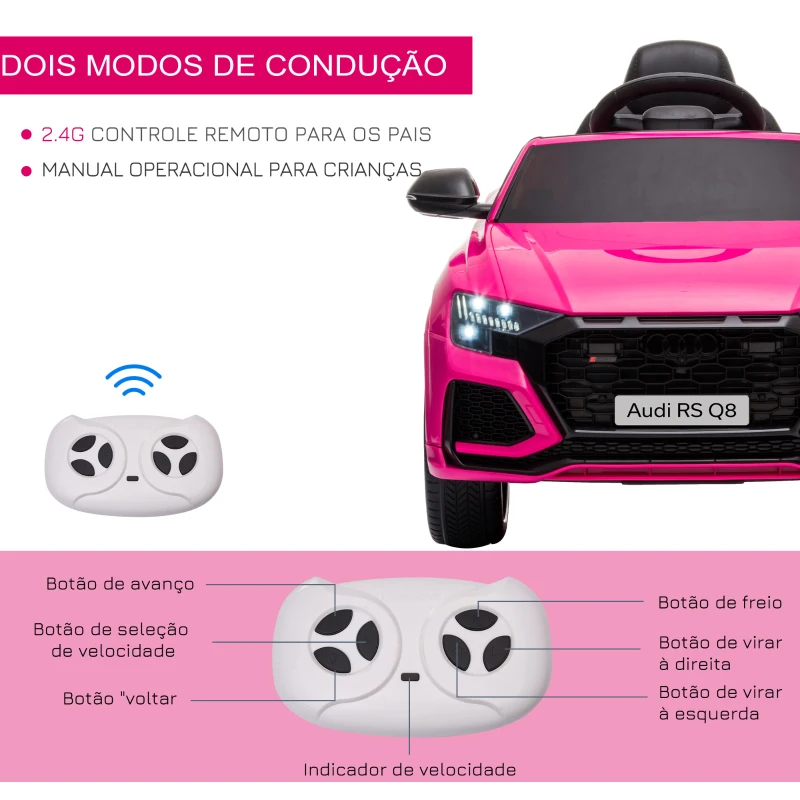 HOMCOM Carro Elétrico Infantil para 3-5 anos Licença Audi RS Q8 com Bateria 6V Controle a Distância Música MP3 Buzina e Luzes Velocidade Máx. 3km/h 101x62x51cm Rosa