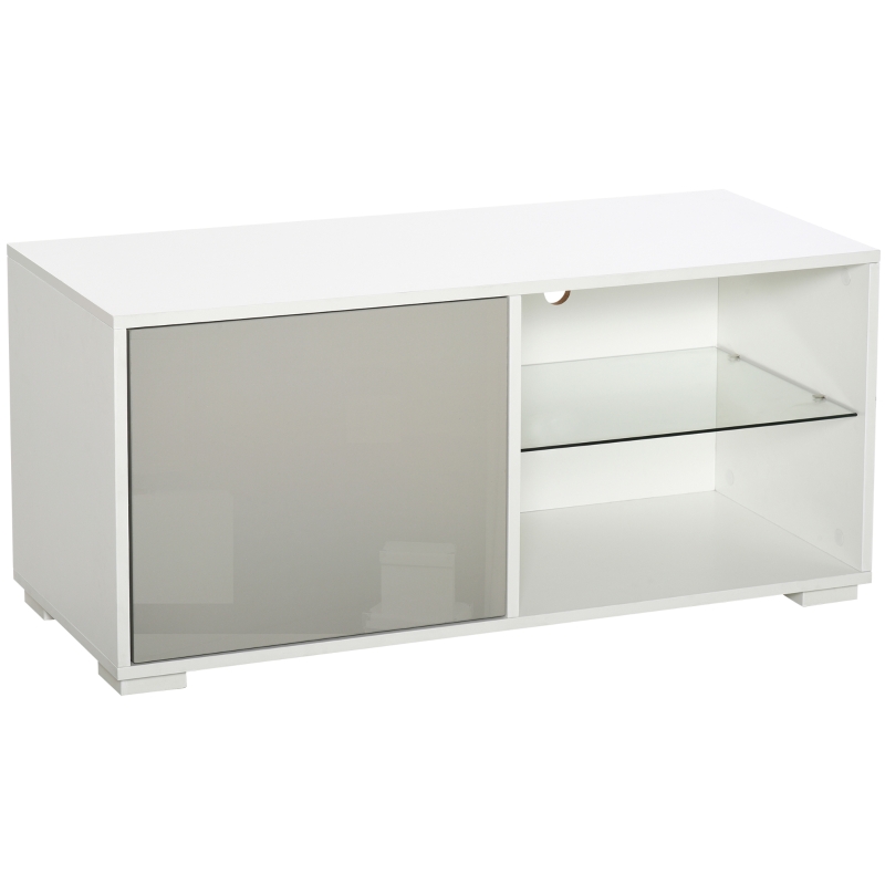 HOMCOM Meuble TV banc TV design contemporain - 2 niches étagère verre + placard porte - passe-fil - panneaux particules blanc gris