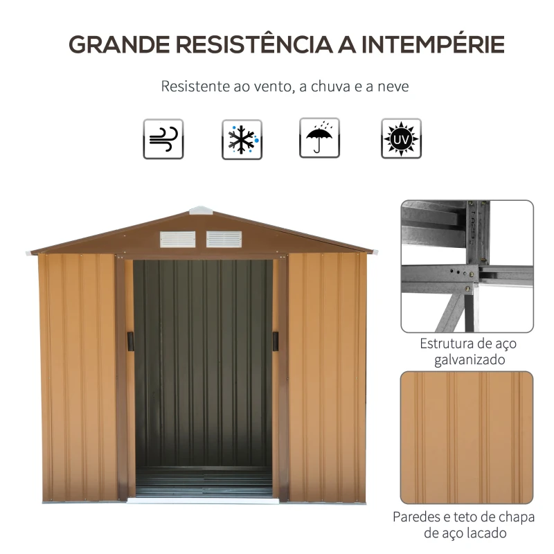 Outsunny Abrigo de Jardim 213x130x185cm Abrigo de Jardim Metálico de Exterior com 2 Portas Deslizantes e 4 Janelas Marrom Claro
