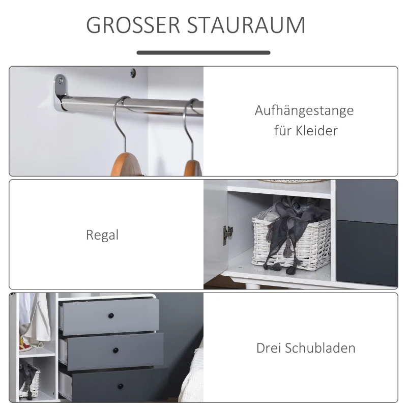 HOMCOM Kledingkast met nachtkastje 2-in-1 kast met stang schuiflade MDF hout wit