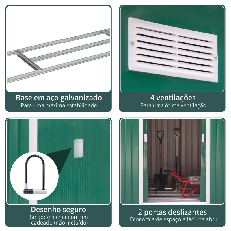 Outsunny Abrigo de Jardim 213x130x185cm Abrigo de Jardim Metálico de Exterior com 2 Portas Deslizantes e 4 Janelas Verde