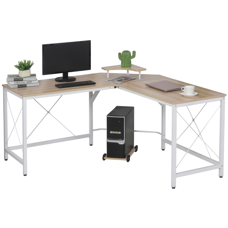 HOMCOM Mesa de Escritorio en Forma de L Escritorio de Ordenador con Soporte de Monitor Estante Independiente para Torre y Estructura con Refuerzo en X 150x150x76 cm Color Madera y Blanco