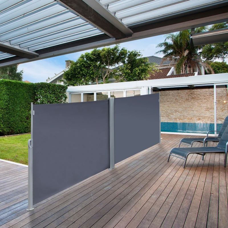 Outsunny dubbelzijdige luifel, privacyscherm, zonwering, zijrolgordijn, polyester, grijs, 6 l x 1,8 h m dubbelzijdig zonneschermscherm zijrolgordijn windscherm polyester grijs 6 l x 1,8 h m | Aosom.nl