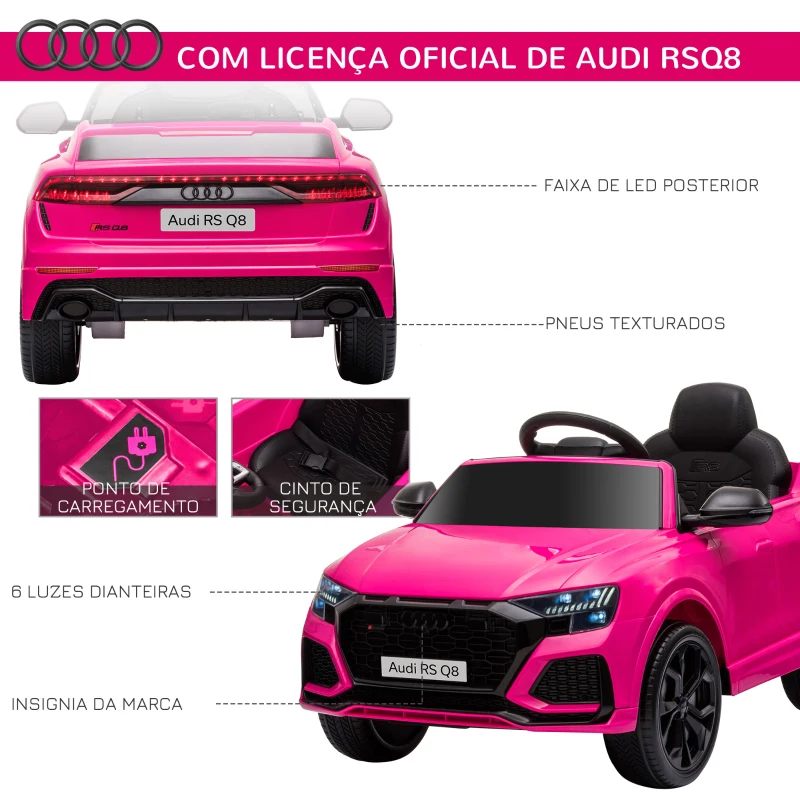 HOMCOM Carro Elétrico Infantil para 3-5 anos Licença Audi RS Q8 com Bateria 6V Controle a Distância Música MP3 Buzina e Luzes Velocidade Máx. 3km/h 101x62x51cm Rosa