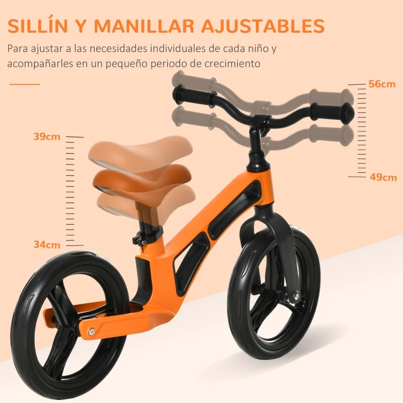 HOMCOM Bicicleta sin Pedales para Niños de 2-5 Años Bicicleta de Equilibrio Infantil con Sillín Ajustable de 39-34 cm y Manillar Regulable Ruedas de Goma Ligero 86x41x49-56 cm Naranja