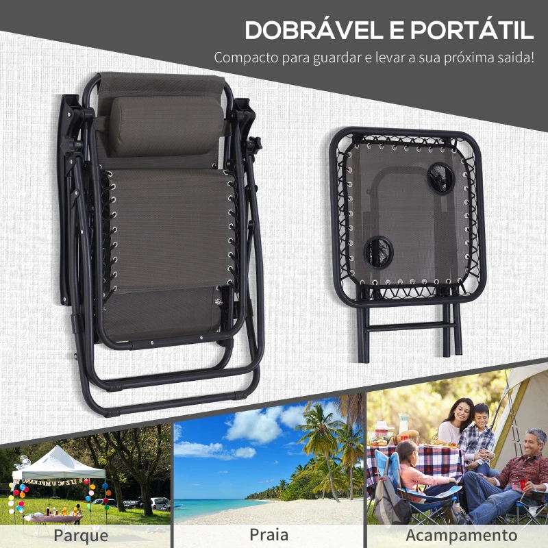 Outsunny Conjunto de 1 Mesa e 2 Espreguiçadeiras Conjunto de Exterior Dobrável e Portátil para Jardim Praia Relaxante com Encosto Reclinável Textilene Aço Cinza